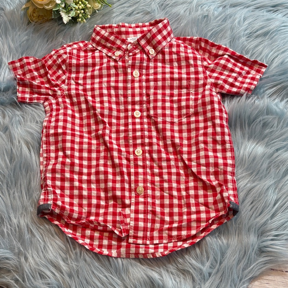 Baby Gap Red White Gingham Short Sleeve Button Down Shirt sz 18-24 months
